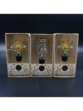 Modern Expressions Bumble‎ Bee & Cat Crystal Wine Stoppers Set of 3 New in Box